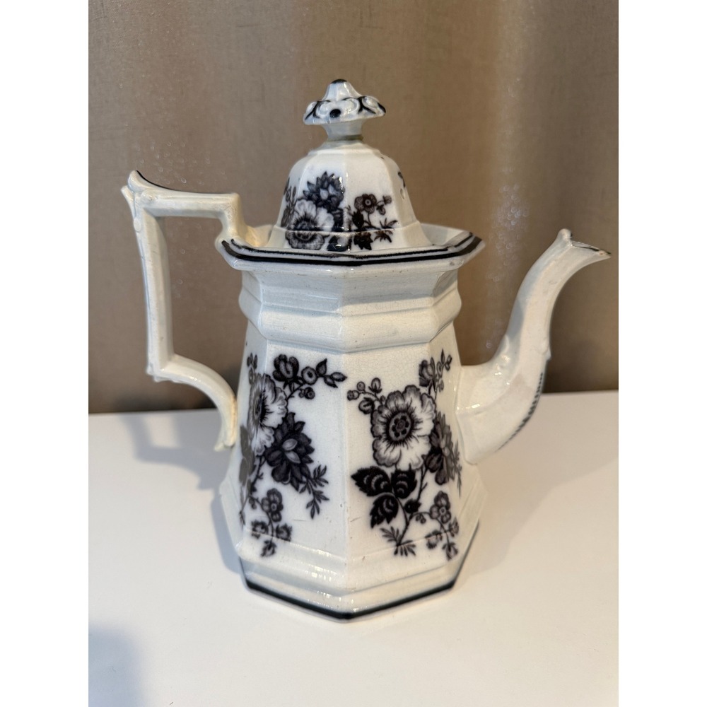 Antique Flow Blue Octagonal Ironstone Teapot Floral Cobalt White Victorian